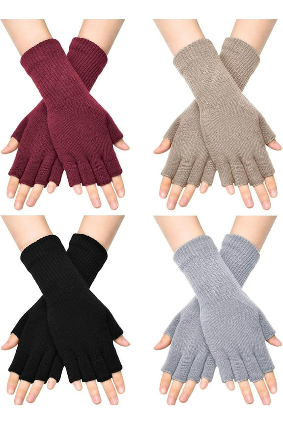 4Pairs Fingerless Gloves for Women Half Finger Typing Gloves with Long Wrist Cuff Winter Knit Fingerless Mittens for Women
