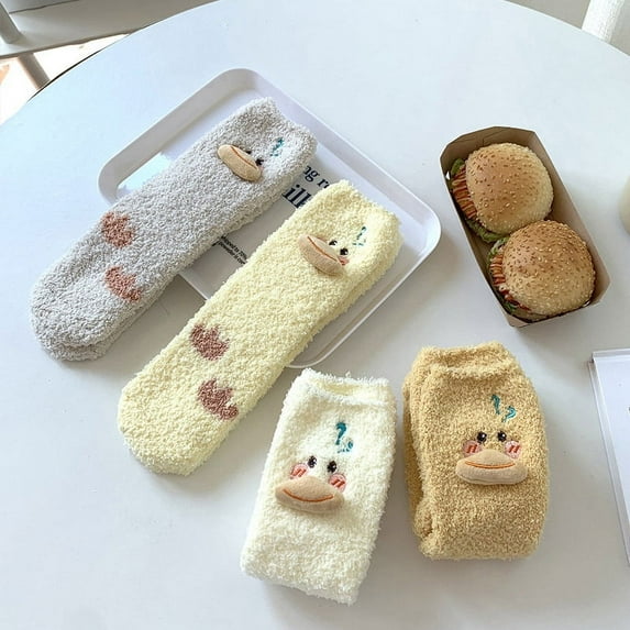 4Pairs Fuzzy Socks for Women Teen Girls Fluffy Duck Pattern Cozy Slipper Cabin Soft Winter Warm Fleece Socks