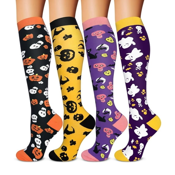 4Pairs Halloween Compression Socks for Women & Men Circulation 15-20 mmHg - Better Blood Flow, Swelling , Best Support for Medical, Running, Nursing
