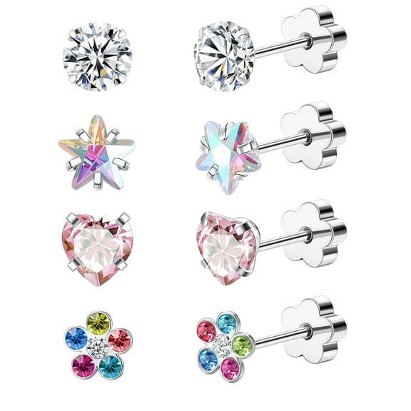 4Pairs Hypoallergenic Flat Back Earrings for Women Stainless Steel Cartilage Earrings Flat Back Heart Star Flower Handmade Screw Back Earrings for Sensitive Skin Nap Earrings Silver StyleB