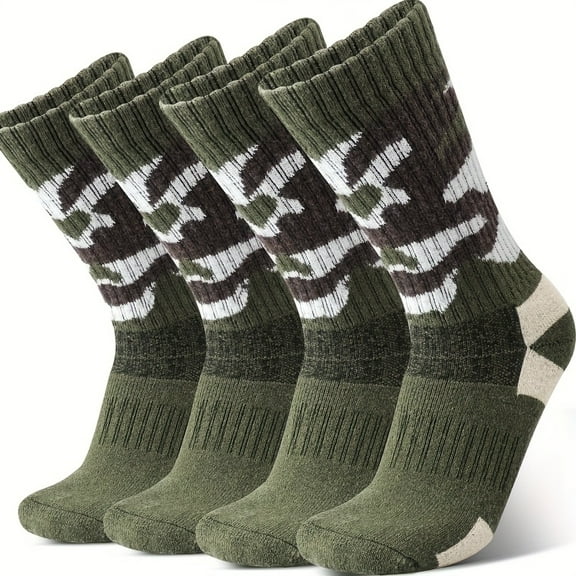 4Pairs Men's Warm Wool Camo Hiking Socks, Winter Thickened Warm Snow Boot Socks, Soft Mid-Crew Outdoor Knitted Socks with Elasticity - Ideal for Outdoor Enthusiasts or Gifts for Men