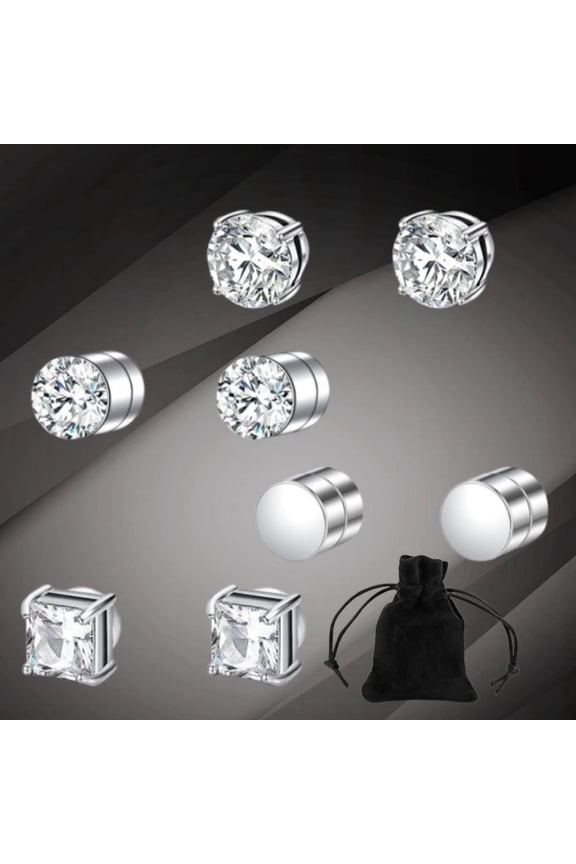 4Pairs Stainless Steel Magnetic Stud Earrings for Men Women Silver Tone Non-Piercing Clip on Stud Earrings Set