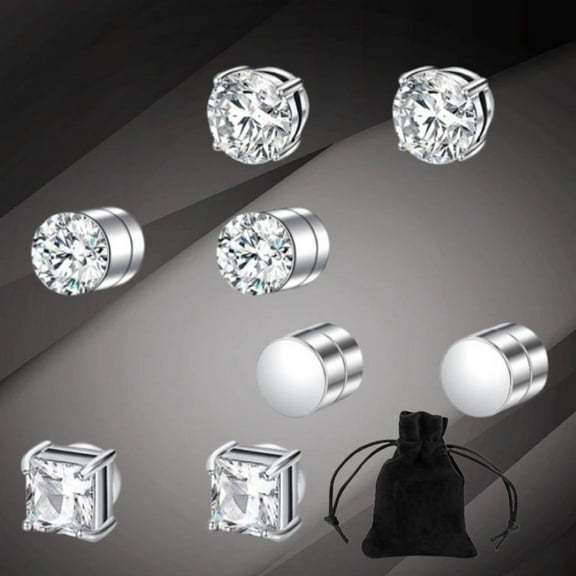 4Pairs Stainless Steel Magnetic Stud Earrings for Men Women Silver Tone Non-Piercing Clip on Stud Earrings Set