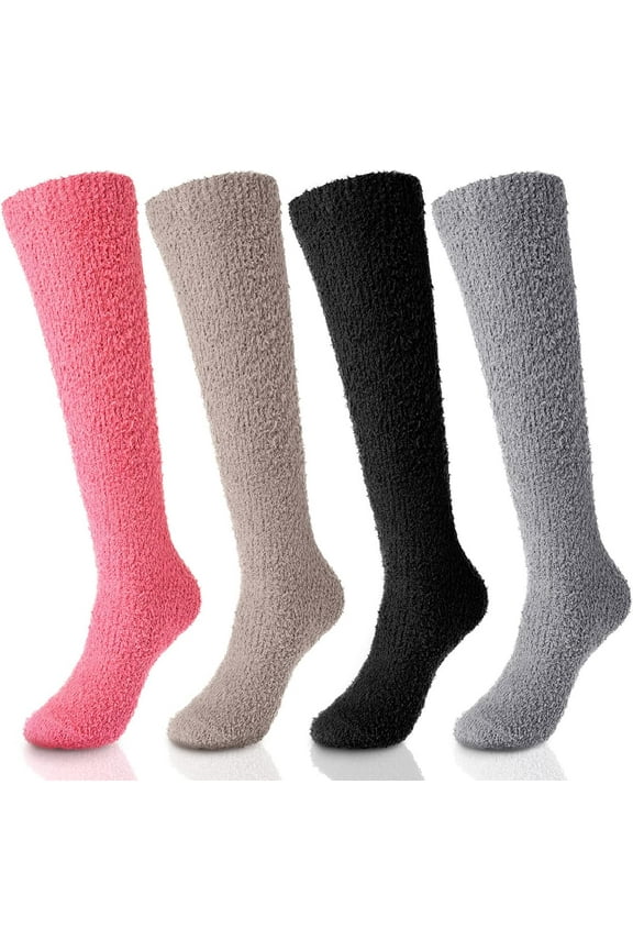 4Pairs Thigh Knee High Fuzzy Socks Women Warm Long Winter Sock