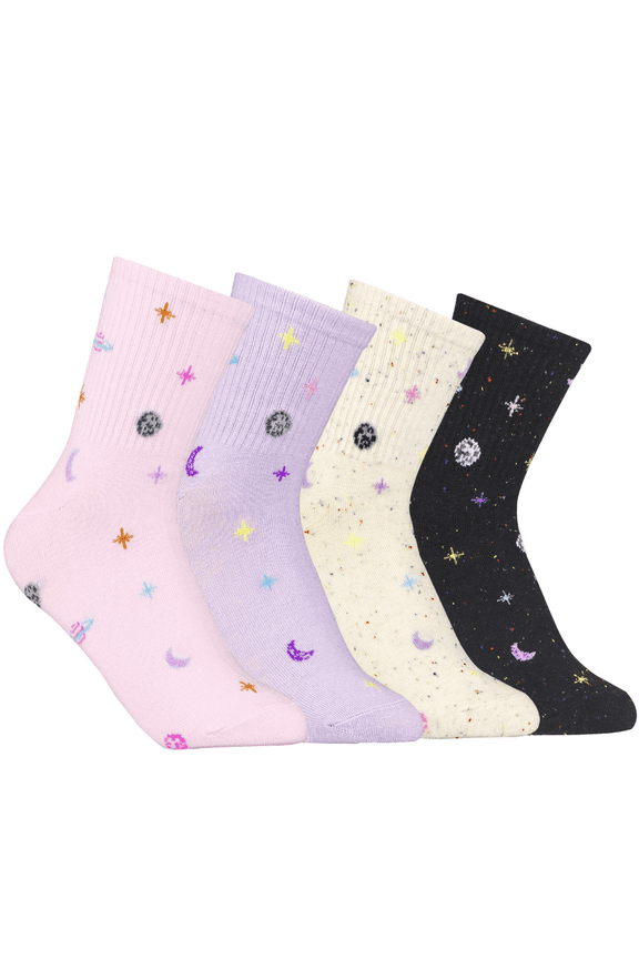 4Pairs Women's Cute Funny Starry Sky Pattern Cozy Cotton Crew Quarter Socks for Women Lovely Valentines Ankle Socks Size 7-9