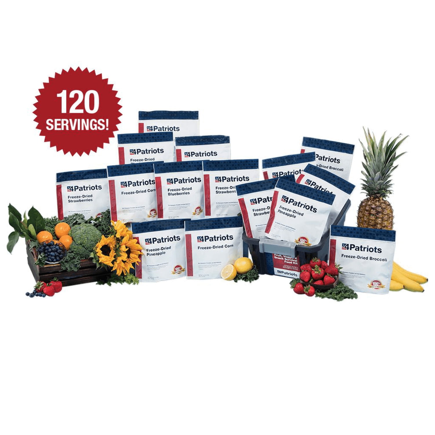4Patriots Fruit, Veggie & Snack Emergency Food Supply Survival Kit, Perfect for Camping, Freeze Dried Preparedness Food, Designed to Last 25 Years, Be Ready with 120 Servings of Vital Nutrition