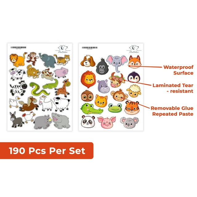 4Pawstickers 190pcs Cute Farm Zoo Animal Stickers for Kids Ages, Pack