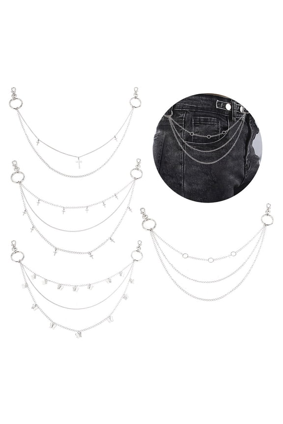 4Pc 4 Style Brass Pocket Pants Waist Chains with Zinc Alloy Clasps Multi-Layers Hip Hop Punk Jeans Chains Wallet Chains Platinum 17-1/8~20-1/8 inch