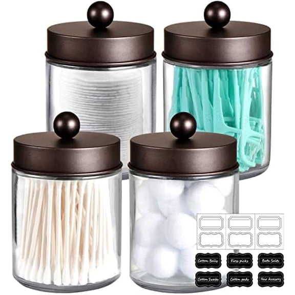 4Pc Apothecary Jars Bathroom Vanity Storage Organizer Set -Countertop Canister with Stainless Steel Lids &Cute Stickers - Qtip Dispenser Holder for Qtips,Cotton Swabs,Makeup Sponges (Bronze)