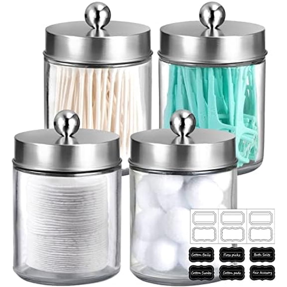 4Pc Apothecary Jars Bathroom Vanity Storage Organizer Set -Countertop Canister with Stainless Steel Lids &Stickers - Qtip Dispenser Holder for Qtip,Cotton Swab,Makeup Sponge (Brushed Nickel)