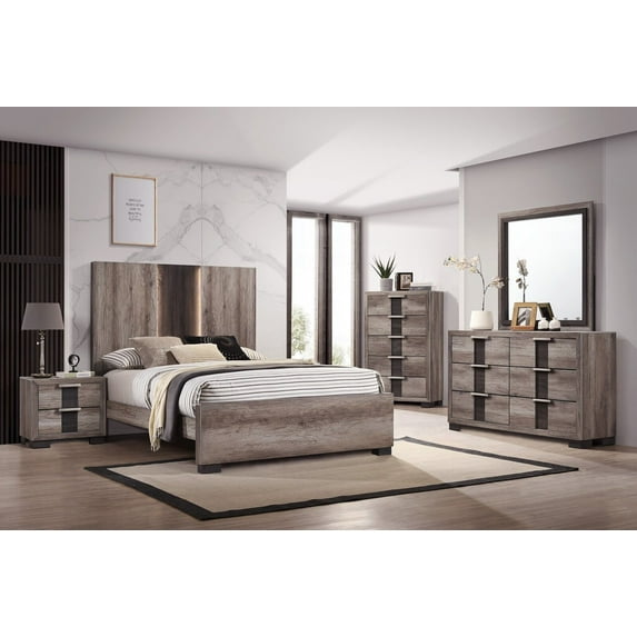 4Pc Beautiful Master Bedroom Suite Gray/Black Finish Queen Size Sleek Bed Set Solid Wood