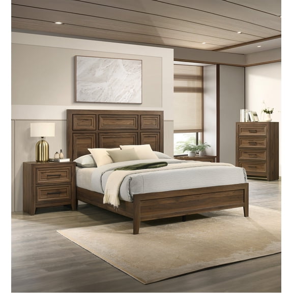 4Pc Brown Architectural Paneling King Bed Nightstands Chest Set Bedroom Furniture