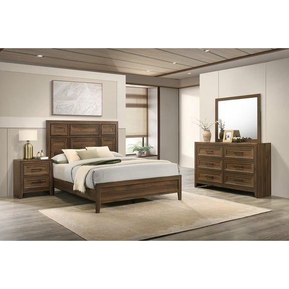 4Pc Brown Architectural Paneling Queen Bed Dresser Mirror Nightstand Set Furniture