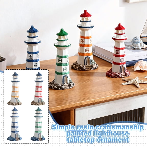 4Pc Craft Painted Lighthouse Desktop Ornament, Creative Photography Prop & Landscaping Decoration Model, Simple Design For Home Office Desk, Miniature Garden Diy Scene