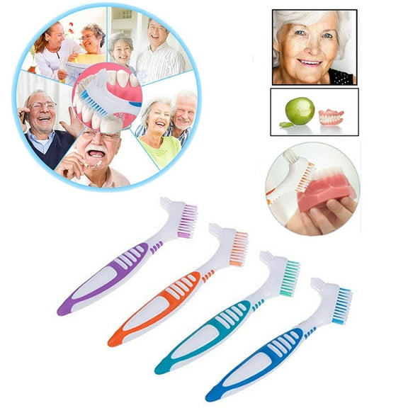 4Pc Denture Teeth Brush Easy Grip Handle Double Sided Toothbrushes