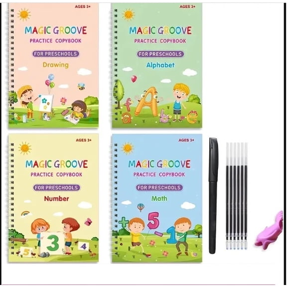 4Pc Groove Books for Kids,Magic Practice,Reusable Handwriting Workbook Kids 3+