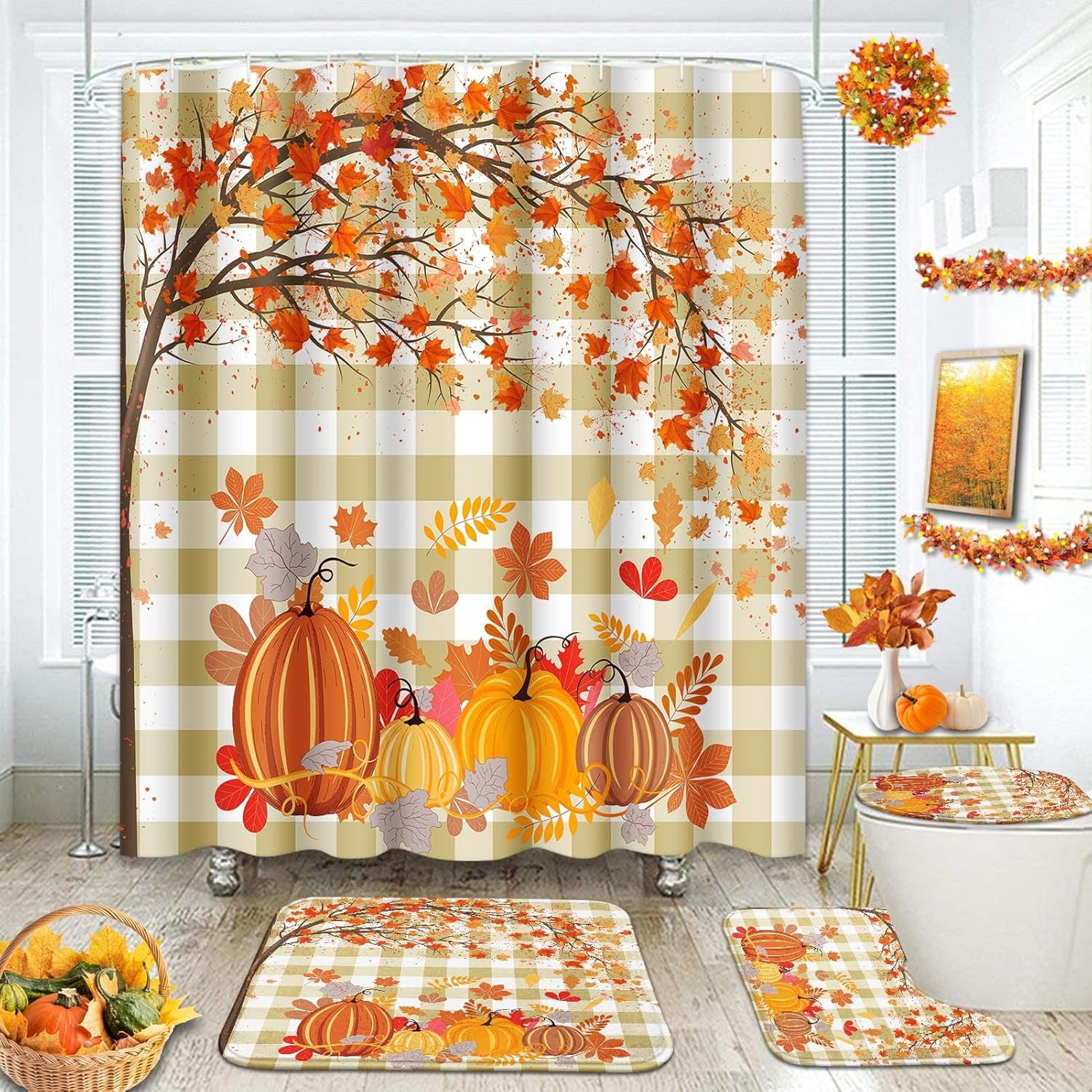 Halloween Shower Curtain - Skull Skeleton Mushroom Design, 72x72 Inch, Includes 12 Hooks, Polyester