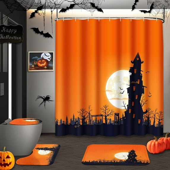 4Pc Halloween Ghost Cute Shower Curtain Sets Colorful Funny Dot Non-Slip Bath Rug, Toilet Lid Cover, Bath Mat, Teal Gray Bathroom Decor Curtain with 12 Hooks Waterproof Fabric