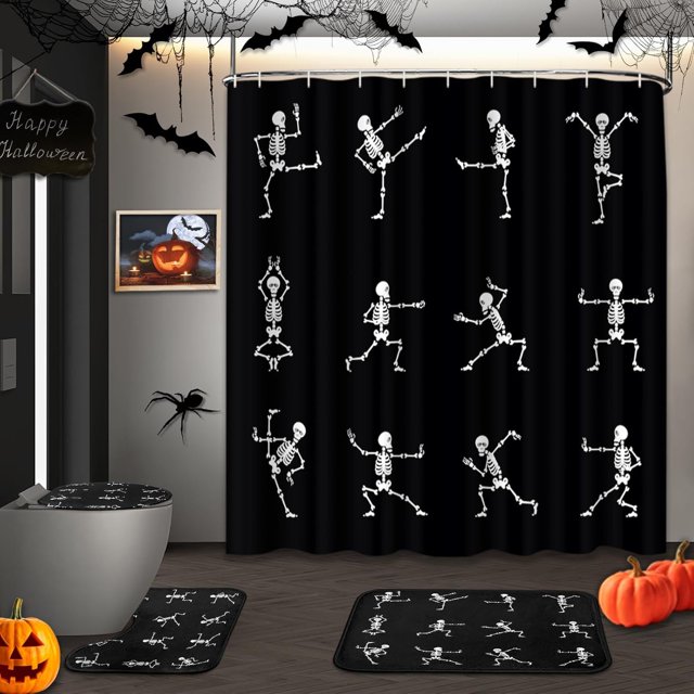 4Pc Halloween Skeleton Funny Shower Curtain Sets Black Cute Ghost Non