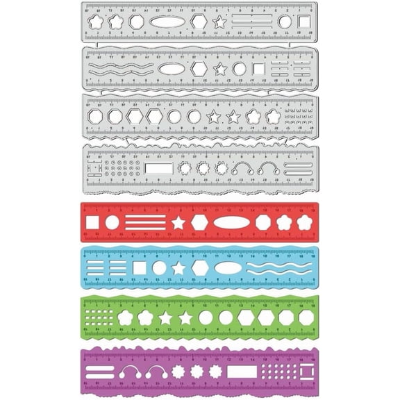 4Pc Irregular Edges Ruler Theme Cutting Dies Metal Measuring Tools Template Stainless Steel Reusable Cutting Dies Drawing Stencils Tool for Stencil Bookmark Dot Journal Stencil Silver