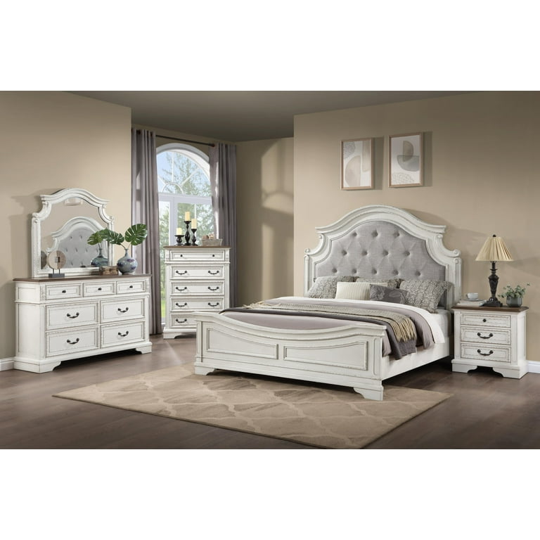 4Pc King Bedroom Set Solid Wood Antique King Size Bed Frame with Button Tufted Upholstery Headboard Dresser 3 Drawer Night Stand Traditional Style Bedroom Furniture Set White Walmart