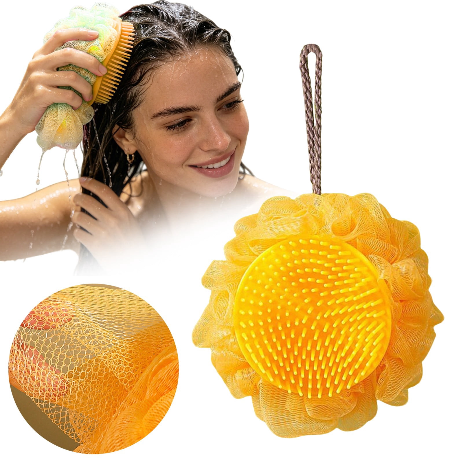 4Pc Large 2‑In‑1 Loofah with Scalp Massage Comb, Soft No‑Shedding ...