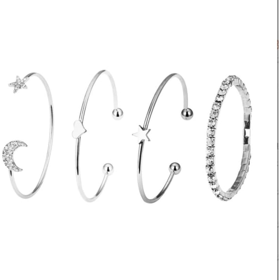 4Pc Moon Star Heart Open Cuff Bangle Set Bangle Set for Women Elegant Gifts Inner Diameter: 2-3/8 inch(6cm) for DIY