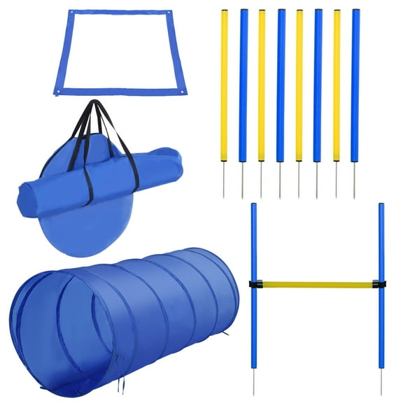 4Pc Obstacle Dog Agility Training Course With Jump Hurdle, Tunnel, Pause Box, Weave Poles And Carrying Bag, Backyard Fitness Set Blue/Yellow