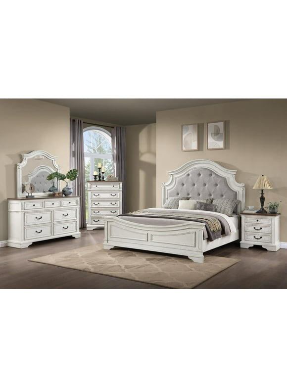4Pc Queen Bedroom Set, Solid Wood Antique Queen Size Bed Frame with Button Tufted Upholstery Headboard, Dresser, 3-Drawer Night Stand, Traditional Style Bedroom Furniture Set, White