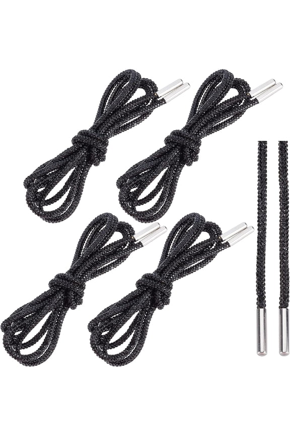 4Pcs 1.2M Rhinestone Shoe Laces Glitter Rope Bling Bling Shiny Round Shoelaces Drawstring Cords Replacement Hoodie String Rope for Sneakers Sweatpants Black