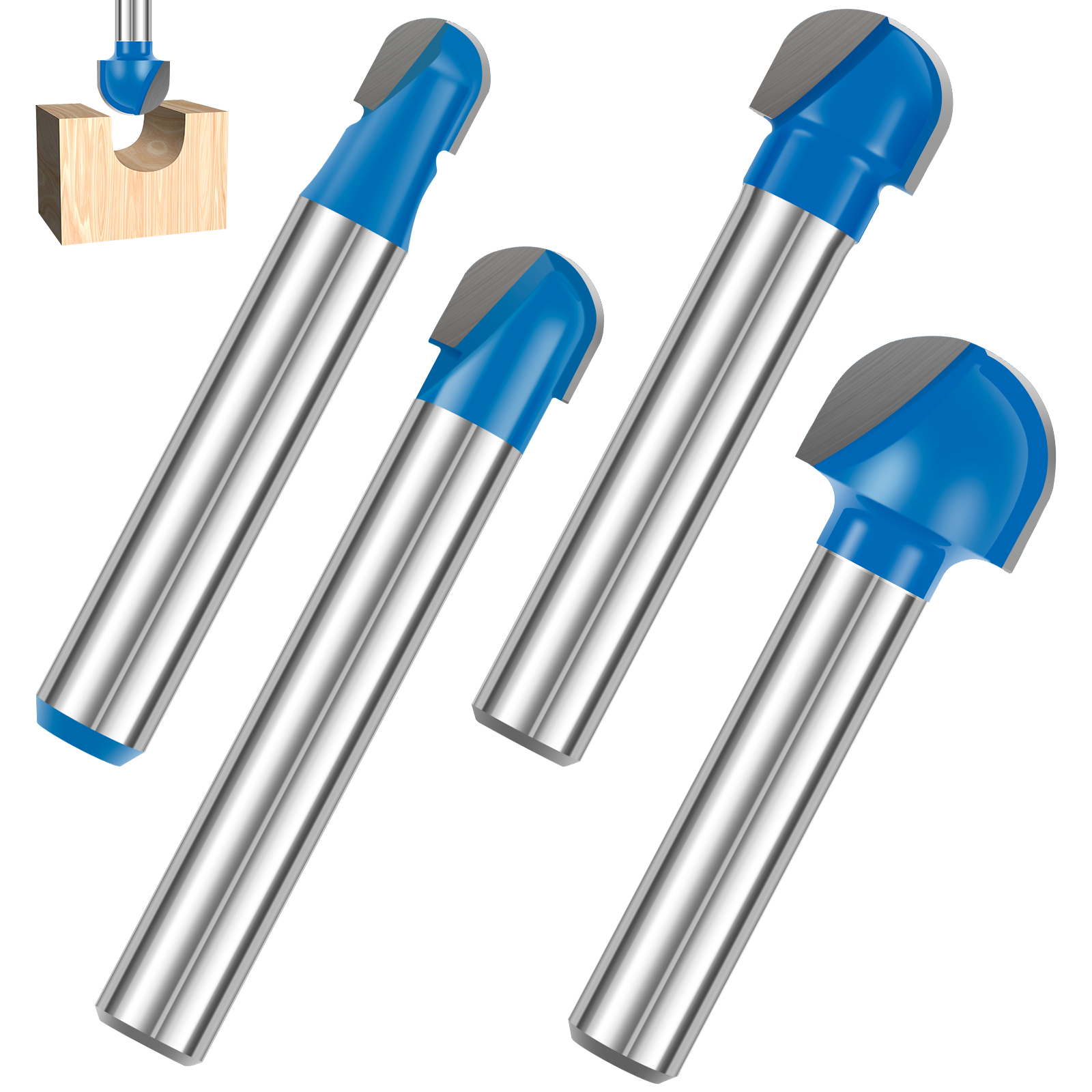 4Pcs 1/4 Inch Shank Round Nose Router Bit Set Carbide Double Flute Core