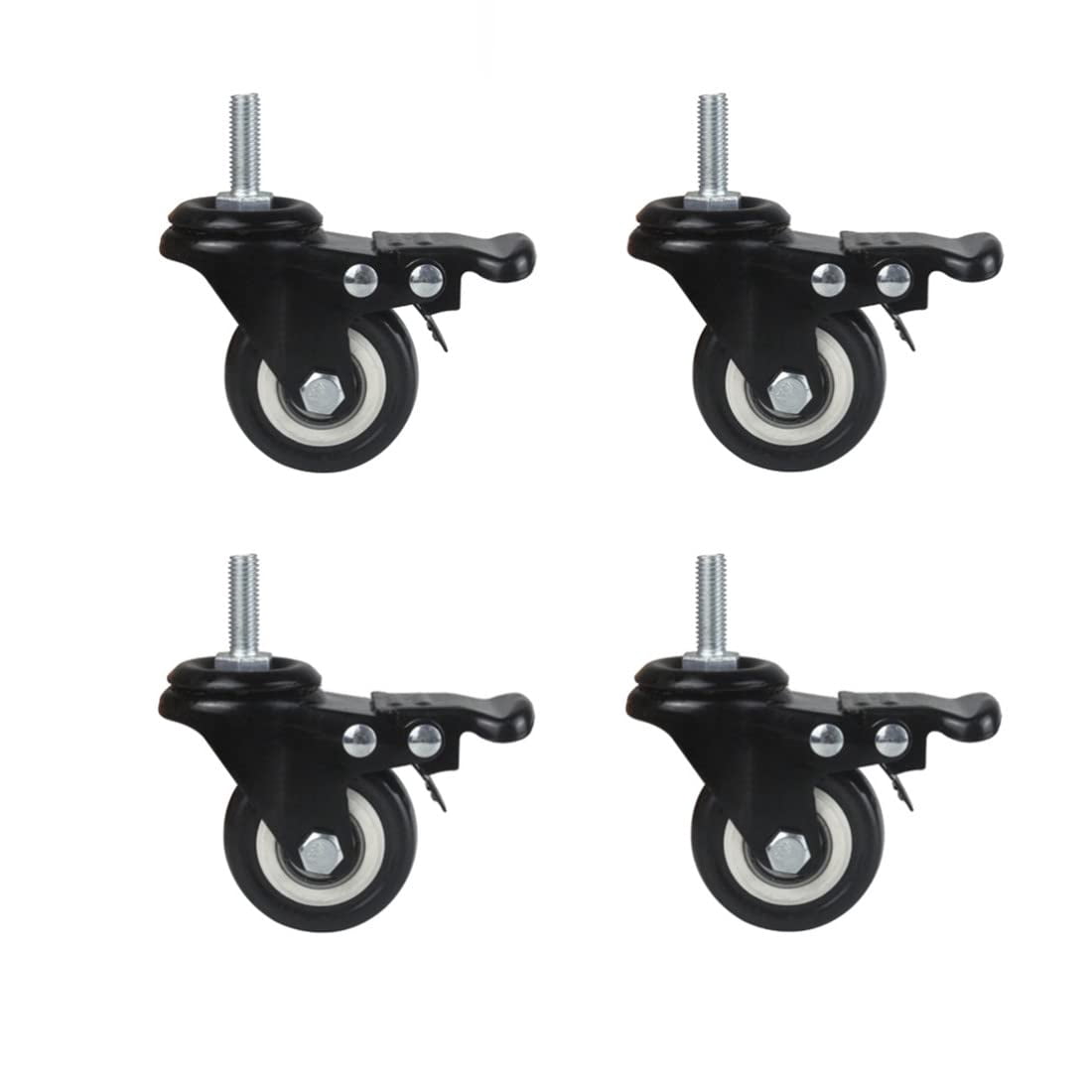 4Pcs 1.5 Inch Heavy Duty Caster Wheels Swivel Casters with Brake and M8 Threaded Stem, Loading 50kg/110lbs Black Rubber -