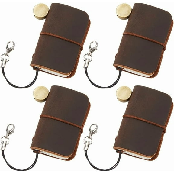 4Pcs 1.7 x 1.9inch Mini Travelers Notebook Genuine Leather Cover Portable Vintage Personalized Tiny Travel Journal Blank Pocket Diary Brown for Keychain Writing Drawing