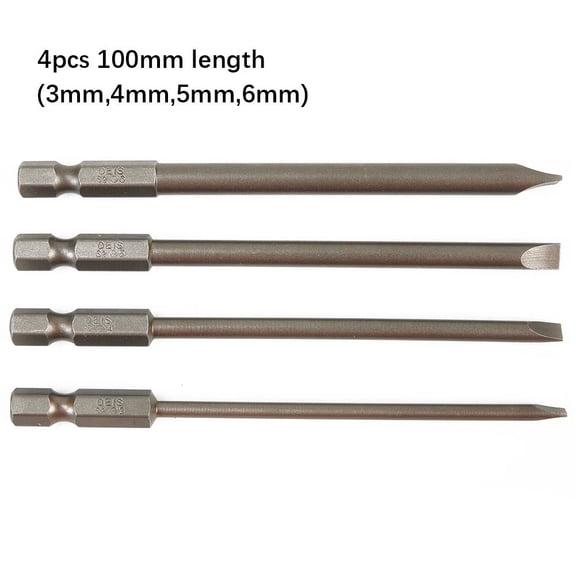 4Pcs 100Mm Slotted Screwdriver Bit 300cmm-6Mm Magnetic Flat Head 1/4" Hex Shank