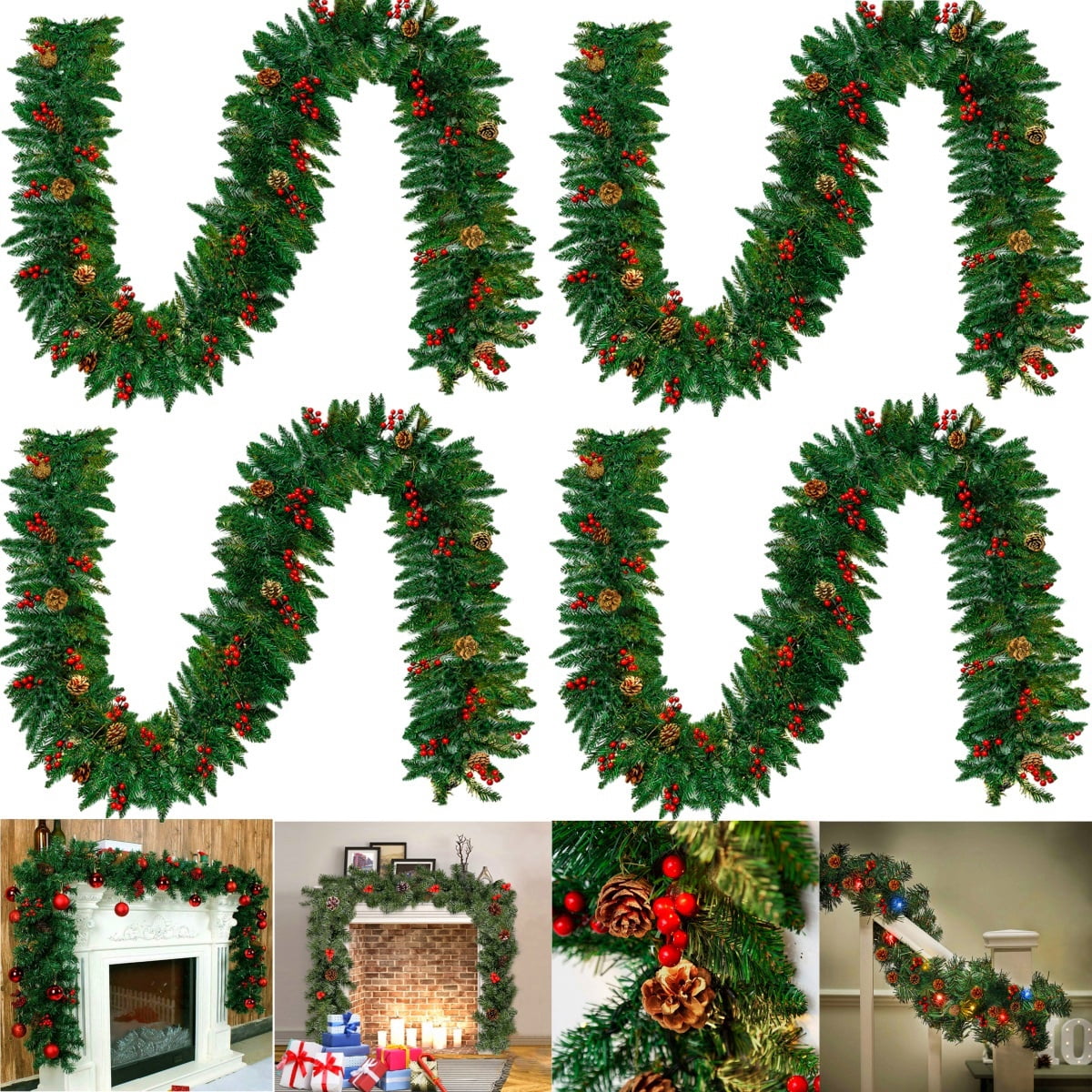 4Pcs 10ft Green Christmas Garland with Red Berries and Pine Cones for ...