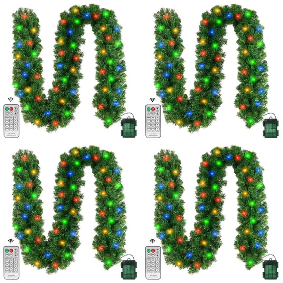 4Pcs 10ft Pre-Lit Artificial Garland with Color Changing LEDs, Festive Green Pine Greenery for Indoor Outdoor Christmas Decoration