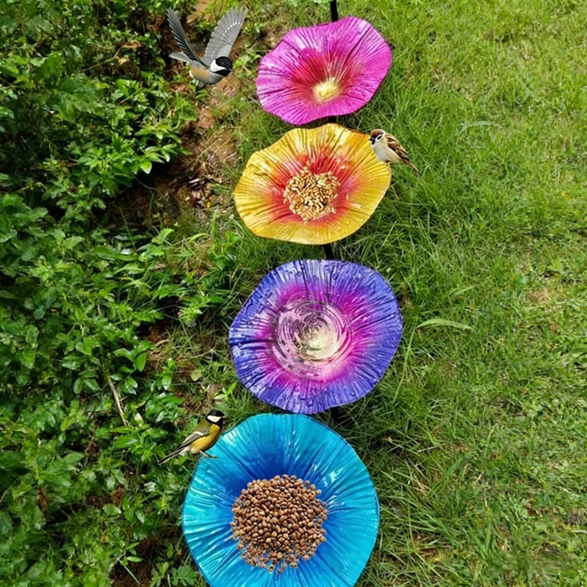4Pcs 10x6 Inch Metal Flower Bird Bath Garden Stake for Outdoor Yard Decor Weather-Resistant Floral Bird Feeder for Wild Songbirds and Hummingbirds, Multicolor