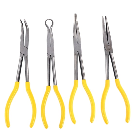 4Pcs 11 Inch Extra Long Nose Pliers Set Straight Bent Tip Equipment Hand Tools,1* 0° Plier 1* 45° Plier 1* 90° Plier 1* O Shape Plier,Silver&Yellow