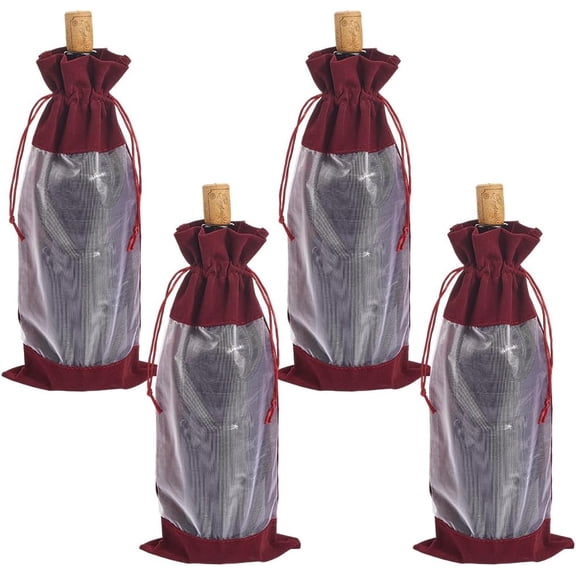 4Pcs 13.8x5.9 Inch Red Wine Bottle Bags Velvet Rectangle Champagne Wine Gift Pouches with Visible Window for DIY