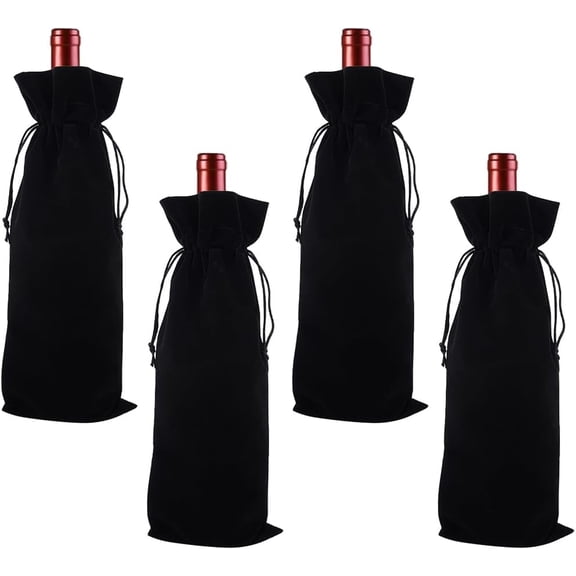 4Pcs 14.8x6 Inch Velvet Wine Bags Drawstring Champagne Wine Gift Bags Black Reusable Congrats Drinking Bottle Wrapping Pouches for Birthday Dinner Wedding Party Black