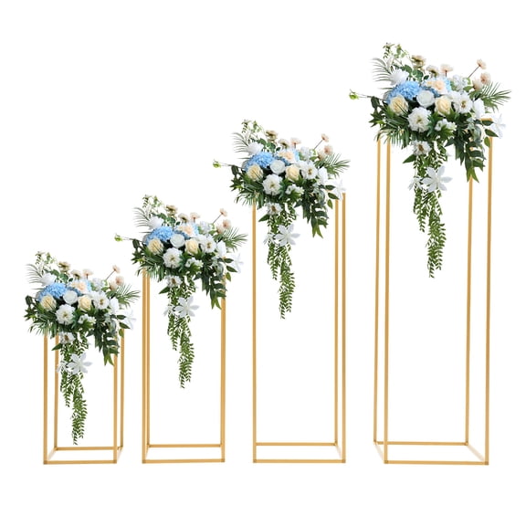 4Pcs 15.7/23.6/31.5/39.4 inch Tall Wedding Flower Stand Metal Vase Stand Floor Metal Column Gold Metal Flower Stand Rectangular Rack For Wedding Table Centerpieces Decor