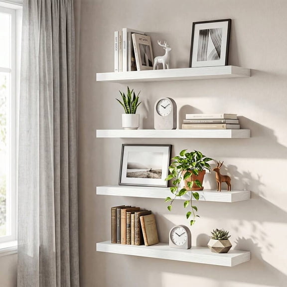 4Pcs 15.75 Inch Floating Wall Shelves, Hidden Bracket Wall Mount Rack, Space-Saving Display Organizer, Decor Storage Shelving For Bathroom/Living Room/Bedroom/Kitchen/Office