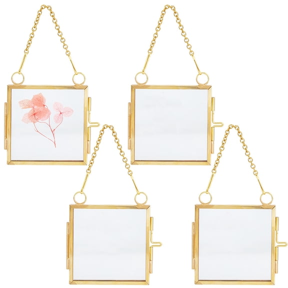 4Pcs 2.8 Inch Hanging Brass Photo Frame Pressed Flowers Frame Bulk Mini Square Double Clear Glass Floating Artwork Display with Metal Chain