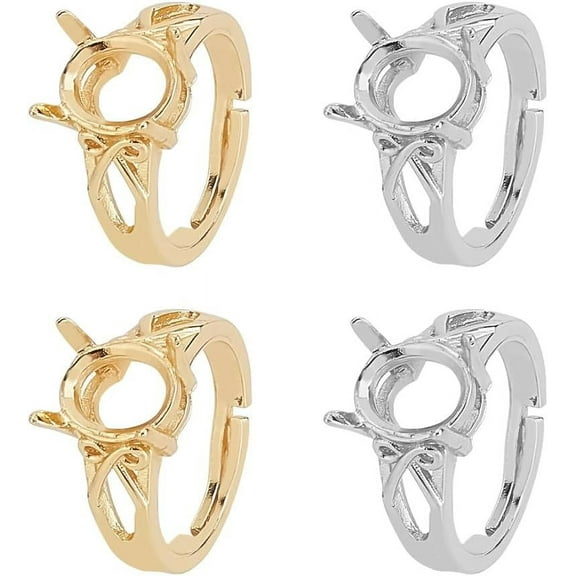 4Pcs 2 Color Adjustable Brass Finger Ring Components 4 Claw Prong Ring Settings with Cubic Zirconia Long-Lasting Plated Oval Platinum & Golden Inner Diameter: 16~16.5mm Tray: 10x8mm 2Pcs/color