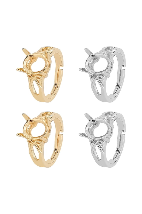 4Pcs 2 Color Adjustable Brass Solitaire Ring Settings 4 Claw Prong Ring Settings with Cubic Zirconia Long-Lasting Plated Oval