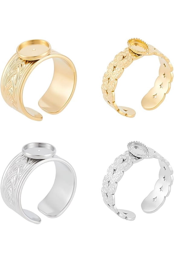 4Pcs 2 Colors 2 Styles Stainless Steel Open Cuff Ring Flat Round Oval Cabochon Finger Ring Carving Pattern Bezel Cup Open Ring Blank Dome Ring for DIY