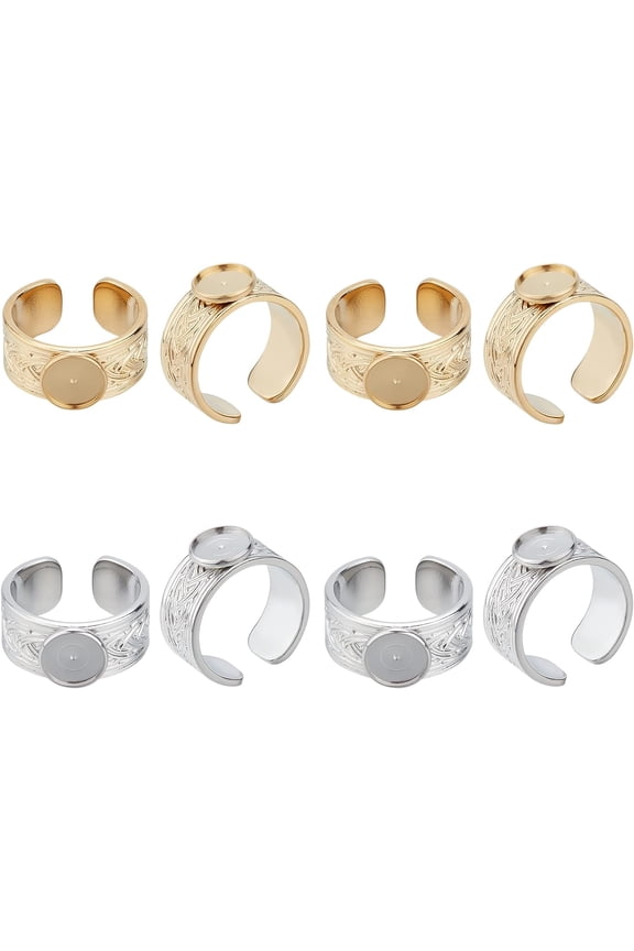 4Pcs 2 Colors 304 Stainless Steel Open Cuff Ring Findings Ped Ring Settings Flat Round Golden Stainless Steel Color US Size 7 1/4(17.5mm)