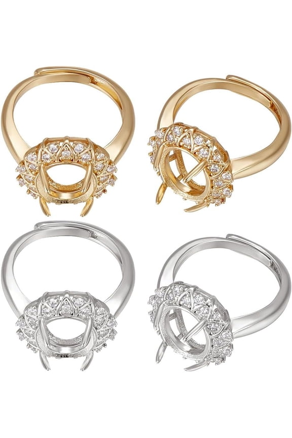 4Pcs 2 Colors Adjustable Brass Micro Pave Clear Cubic Zirconia Flower Adjustable Ring Components 4 Claw Prong Ring Settings Platinum & Golden Inner Diameter: 15.8mm Tray: 12x10mm 2Pcs/color