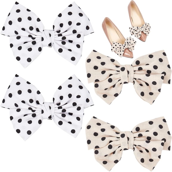 4Pcs 2 Colors Bowknot Shoe Clips Polka Dot Pattern Cloth Shoe Decoration Charms Floral Detachable Shoe Buckle for Girls Sneakers Casual Shoes Sandals Wedding White Pink for DIY
