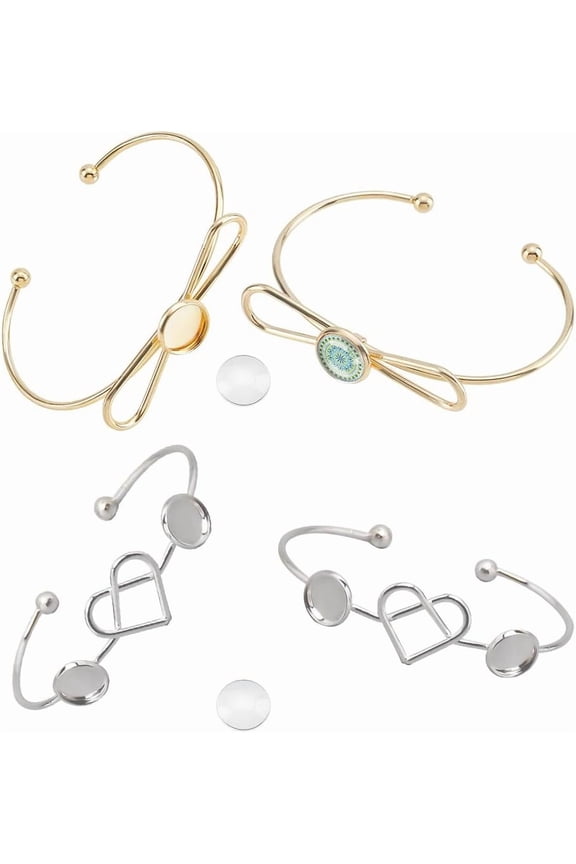 4Pcs 2 Colors Bracelet Bangle Blank Base with Bowknot Tray Metal Cuff Bangle Bezel with 6pcs 12mm Clear Glass Cabochons DIY